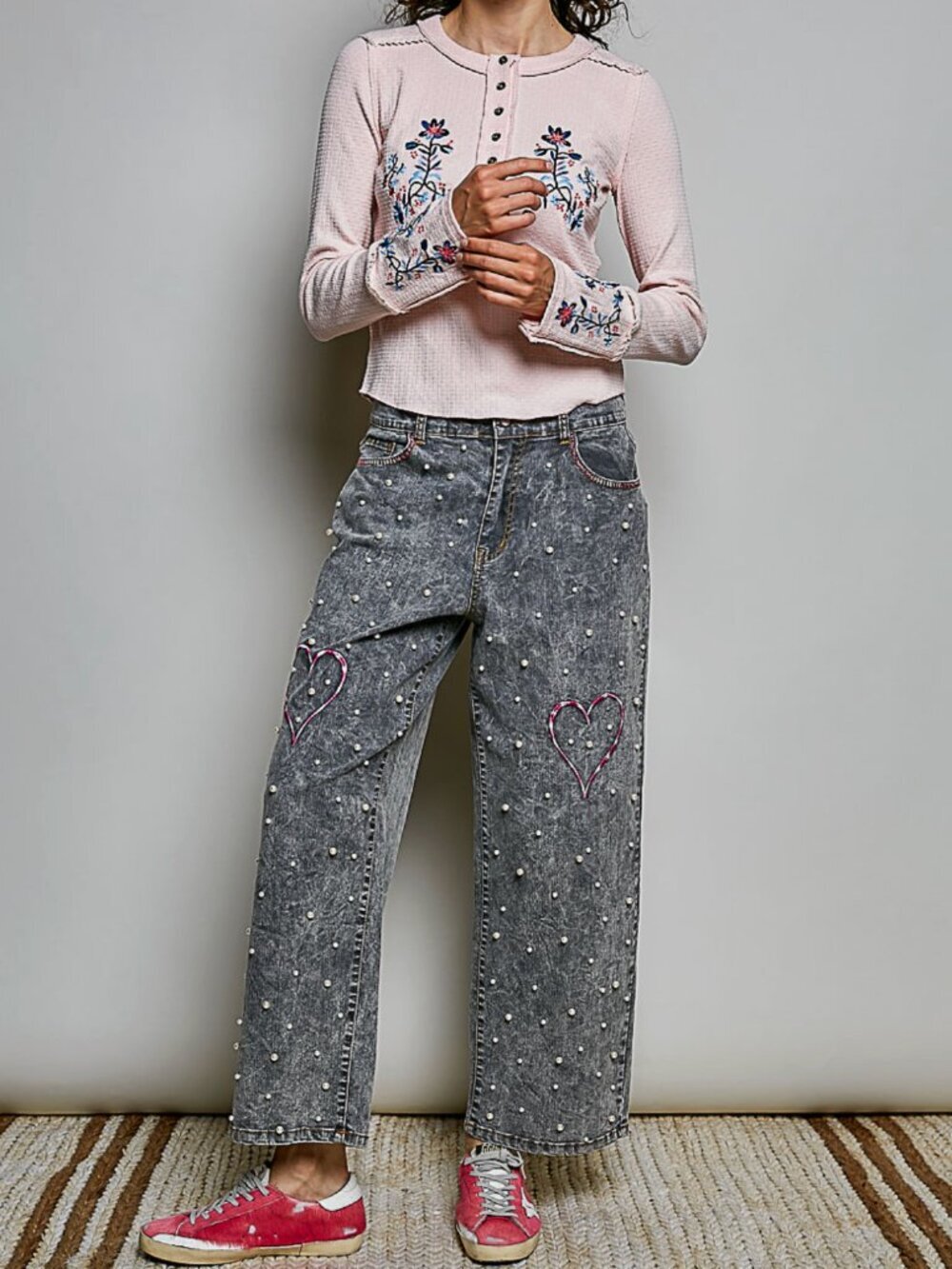 POL Heart Embroidered Pearl Wide Leg Pants Black NWT